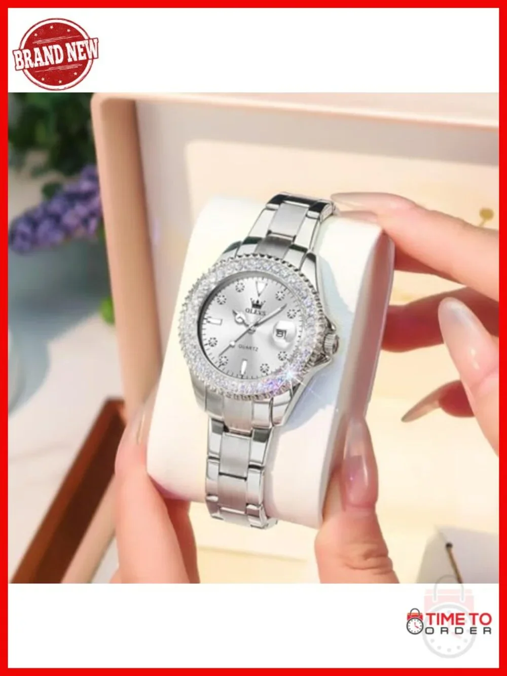 Silver Stainless Steel Diamond Watch with Date Quartz Analog 34mm